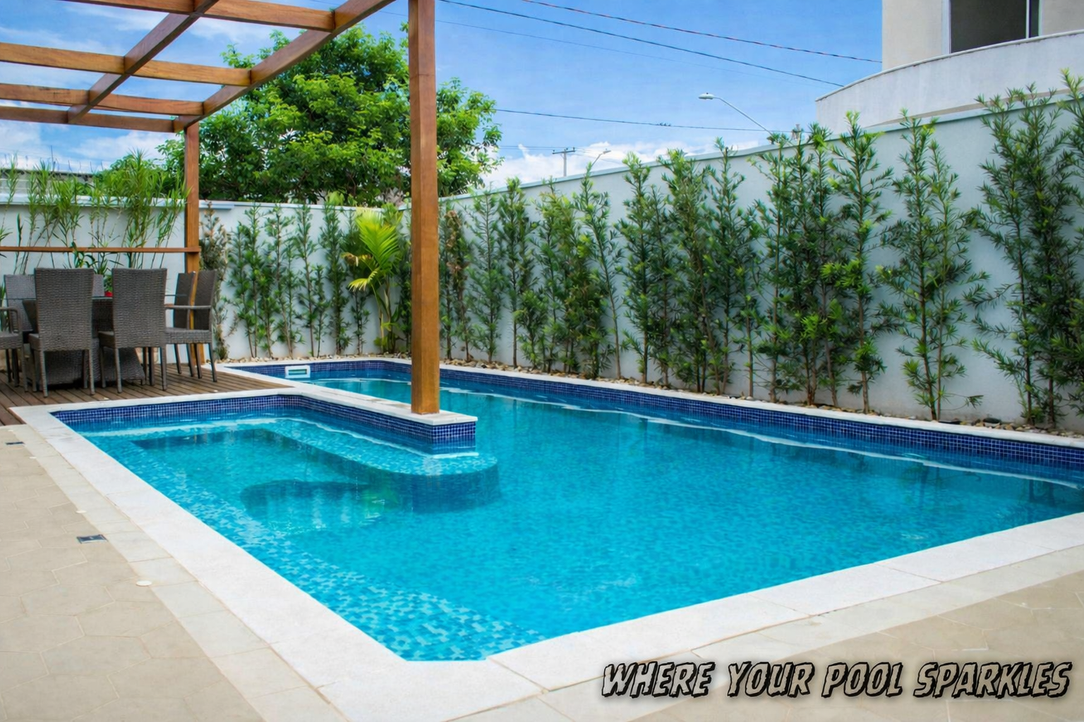 Pool with blue tile and steps, surrounded by beige patio and green plants.