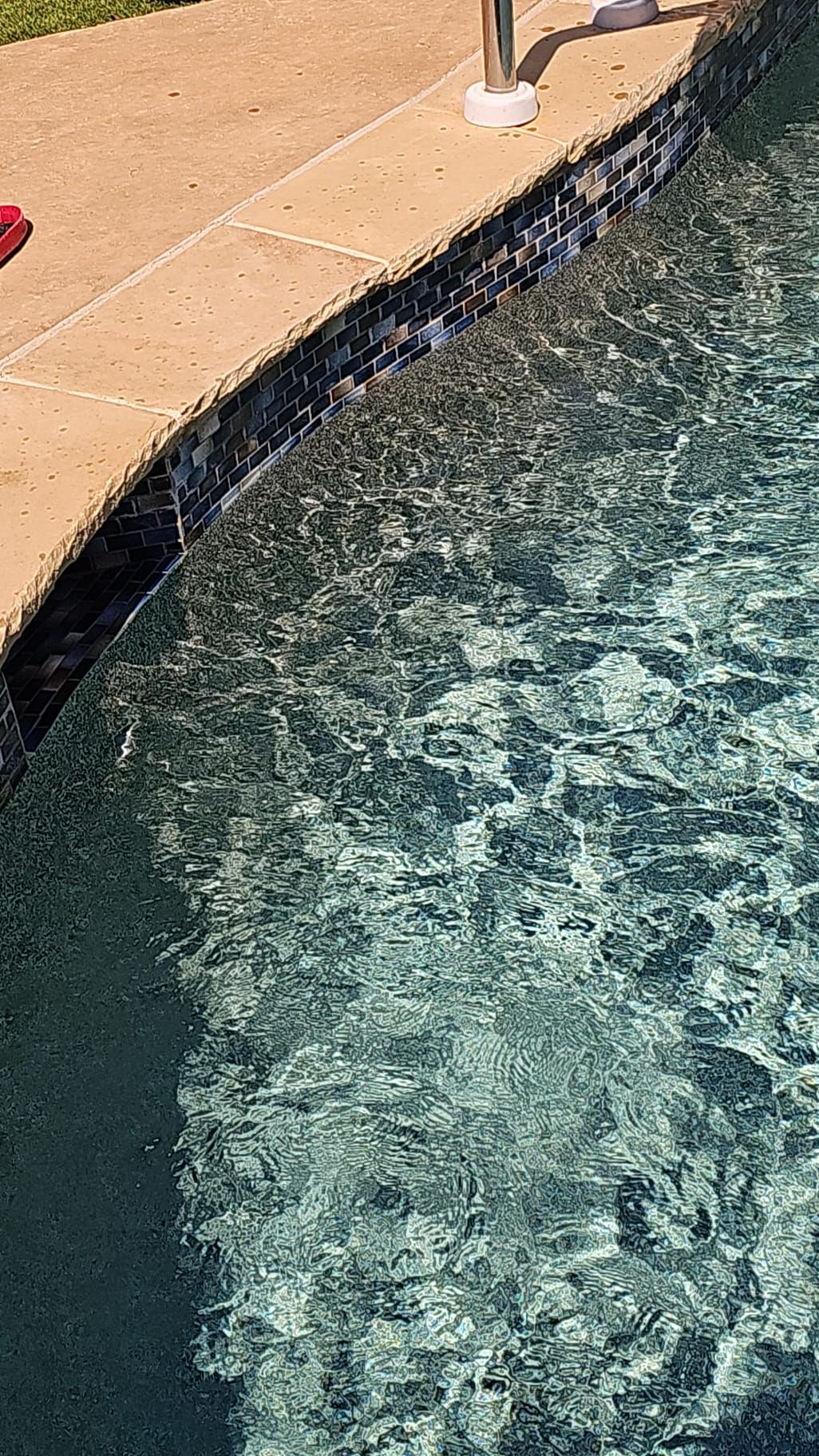 Pool water next to tiled edge and tan concrete deck.