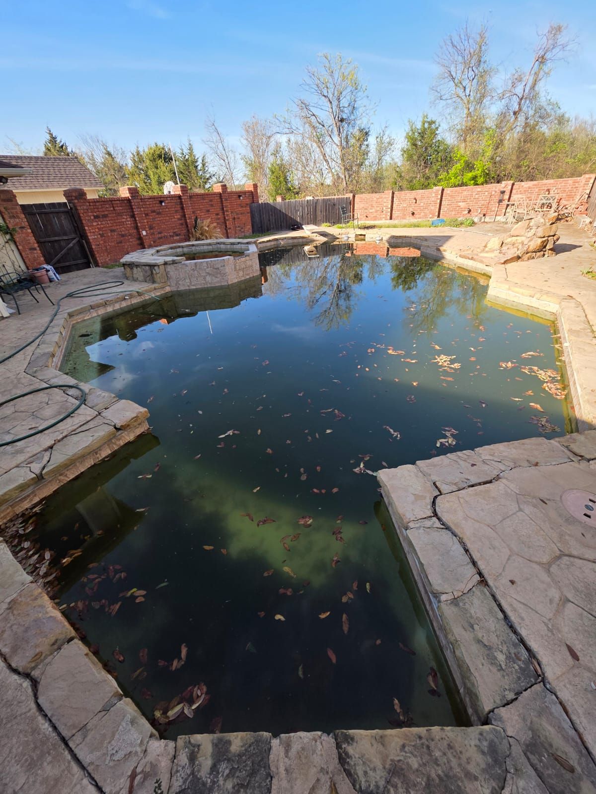 A dirty outdoor swimming pool with stone edging. The water is murky green, and debris floats on the surface.