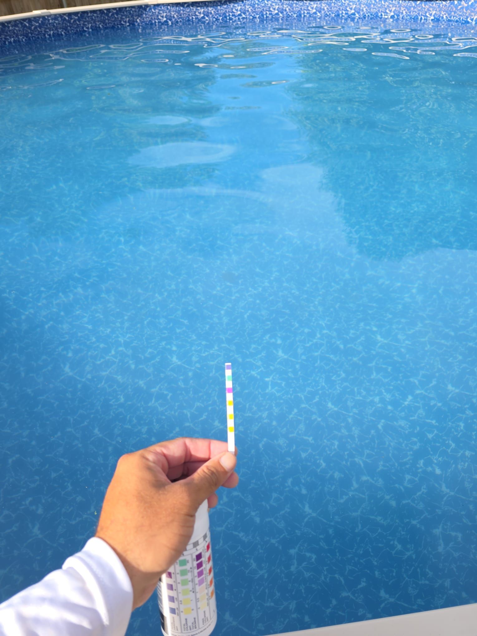 Hand holding a pool test strip in front of a blue swimming pool, checking water chemistry.