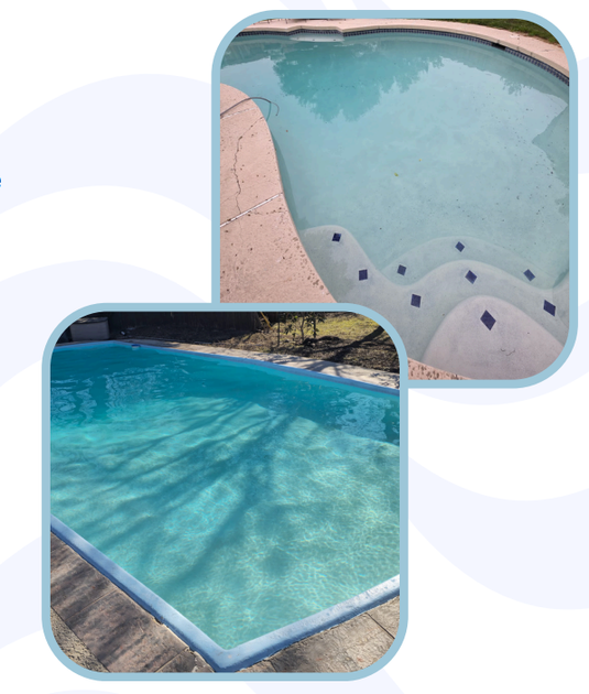 Two insets of swimming pools: top showing steps and light water, bottom showing clear blue water.