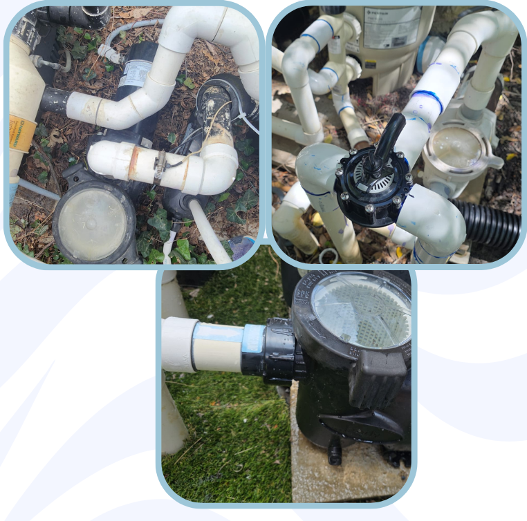 Three angled views of pool equipment, including plumbing, pumps, and a multiport valve.