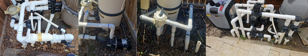 Close-up of PVC pipe structures, likely parts of a machine, on various surfaces.