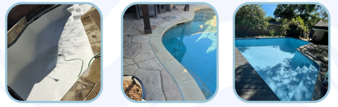 Three images of swimming pools. The pools are blue and surrounded by concrete.