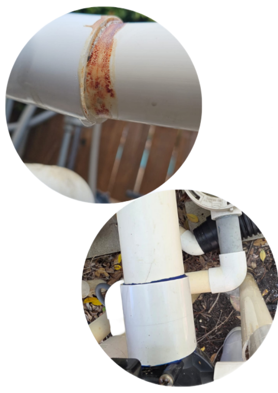Two close-up views of PVC pipes. One shows a corroded joint, the other shows a joint with a visible separation.