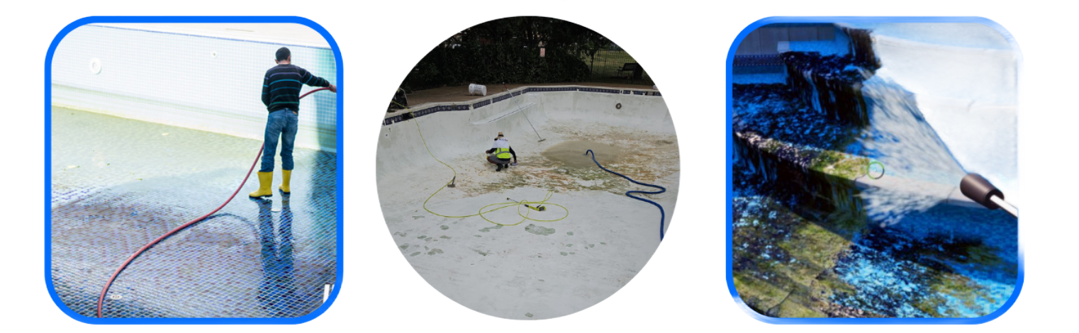 Three images: a person pressure washing a floor, a dirty pool with a machine, and a roof cleaning.