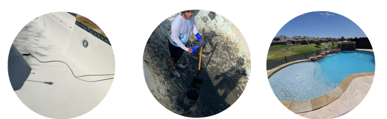Three circular photos: boat detail, person working on rocks, pool with house.