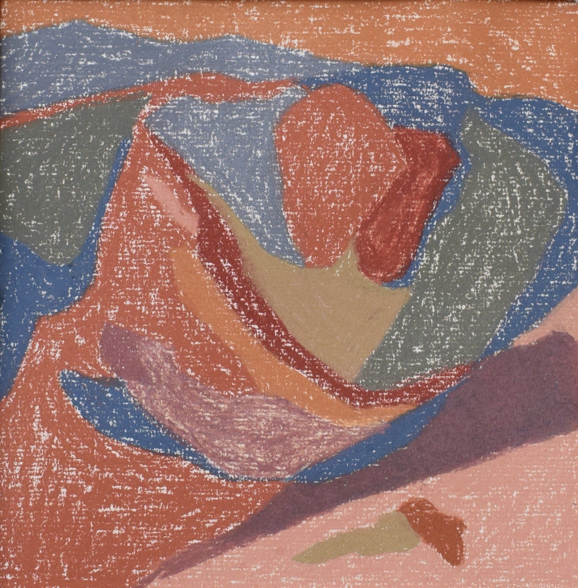 Drawing with abstract landscape forms in pink, orange, blue and green.