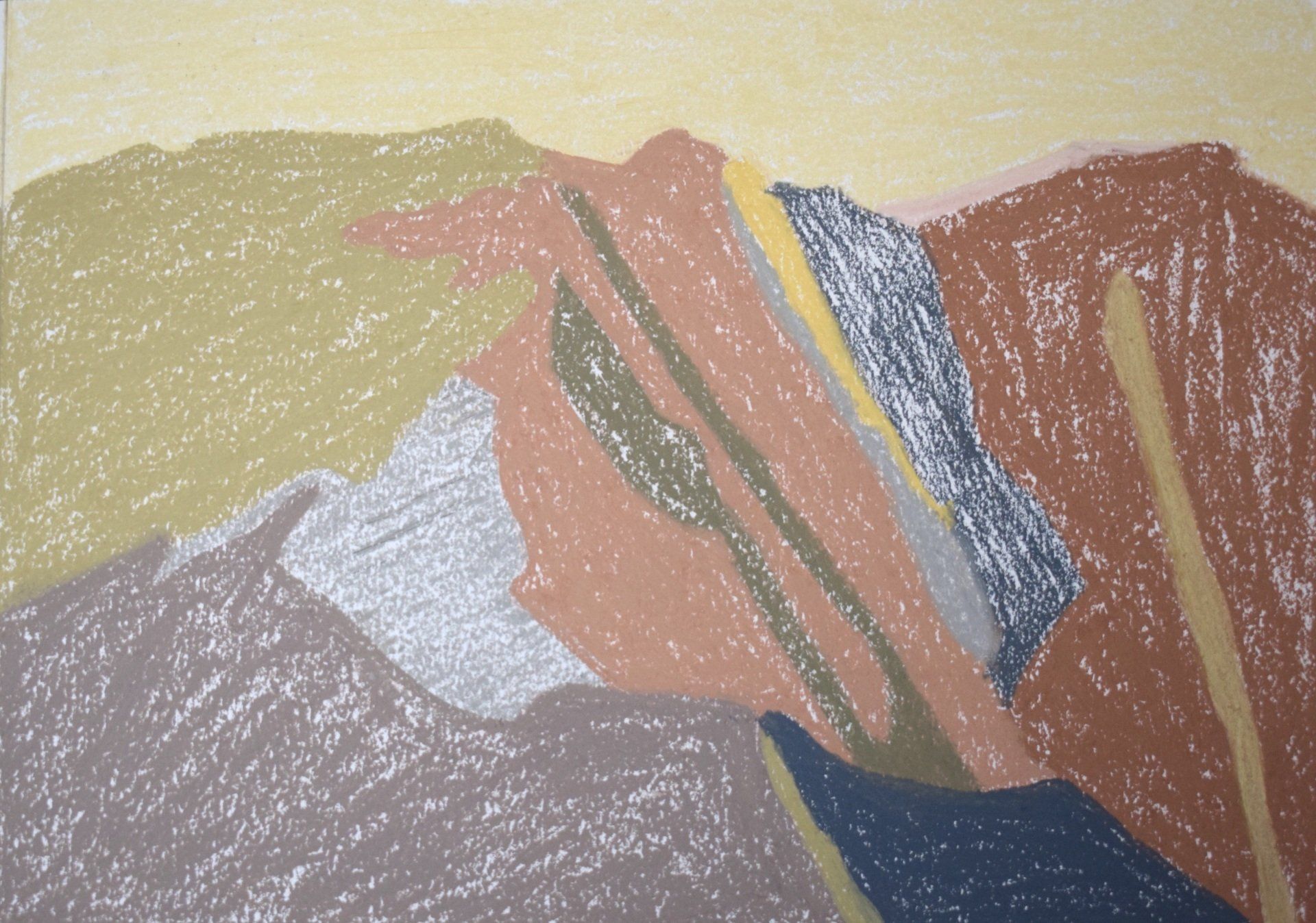 Abstract drawing of mountain with pink, green, brown and purple shapes