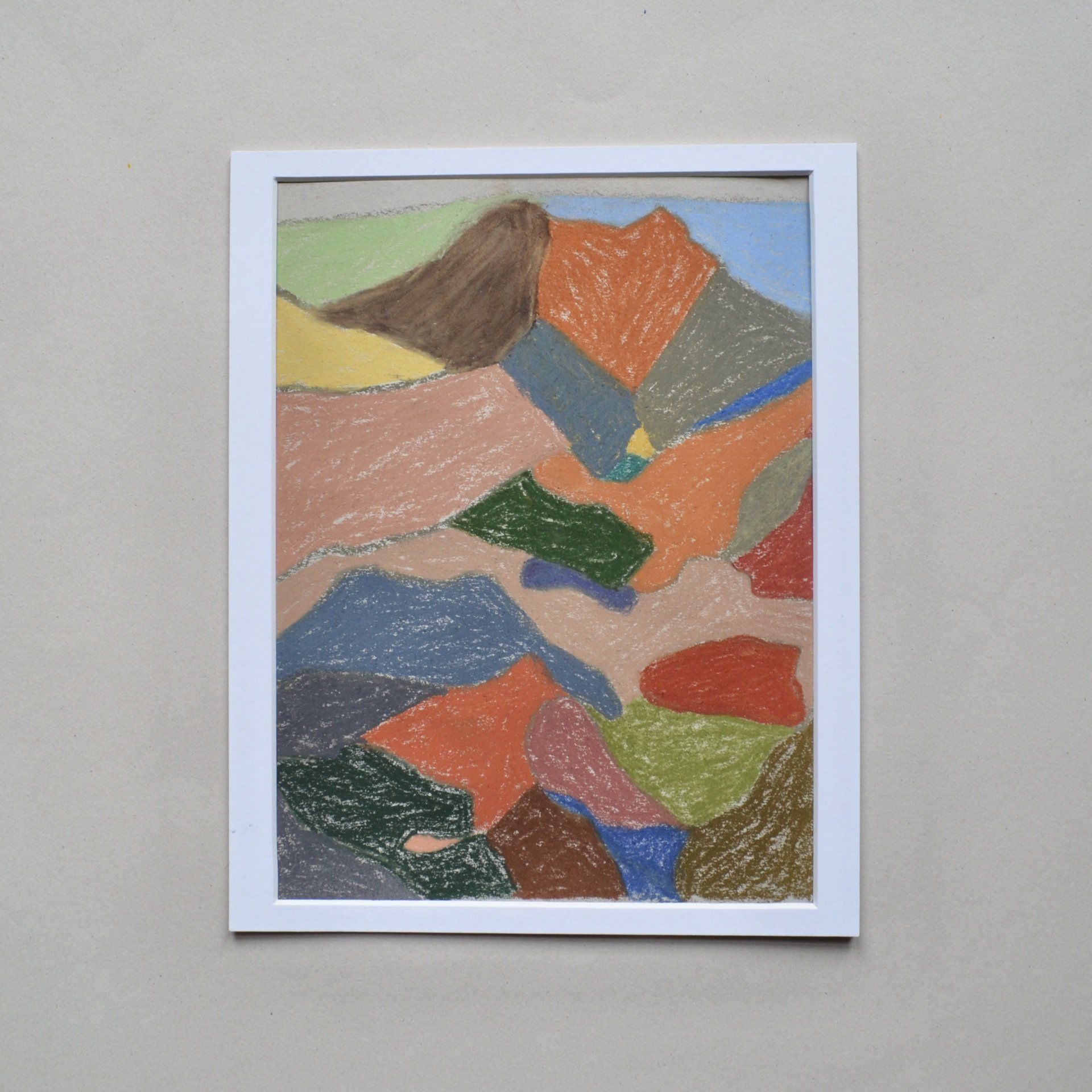 Colourful abstract drawing of mountain with white border on grey background