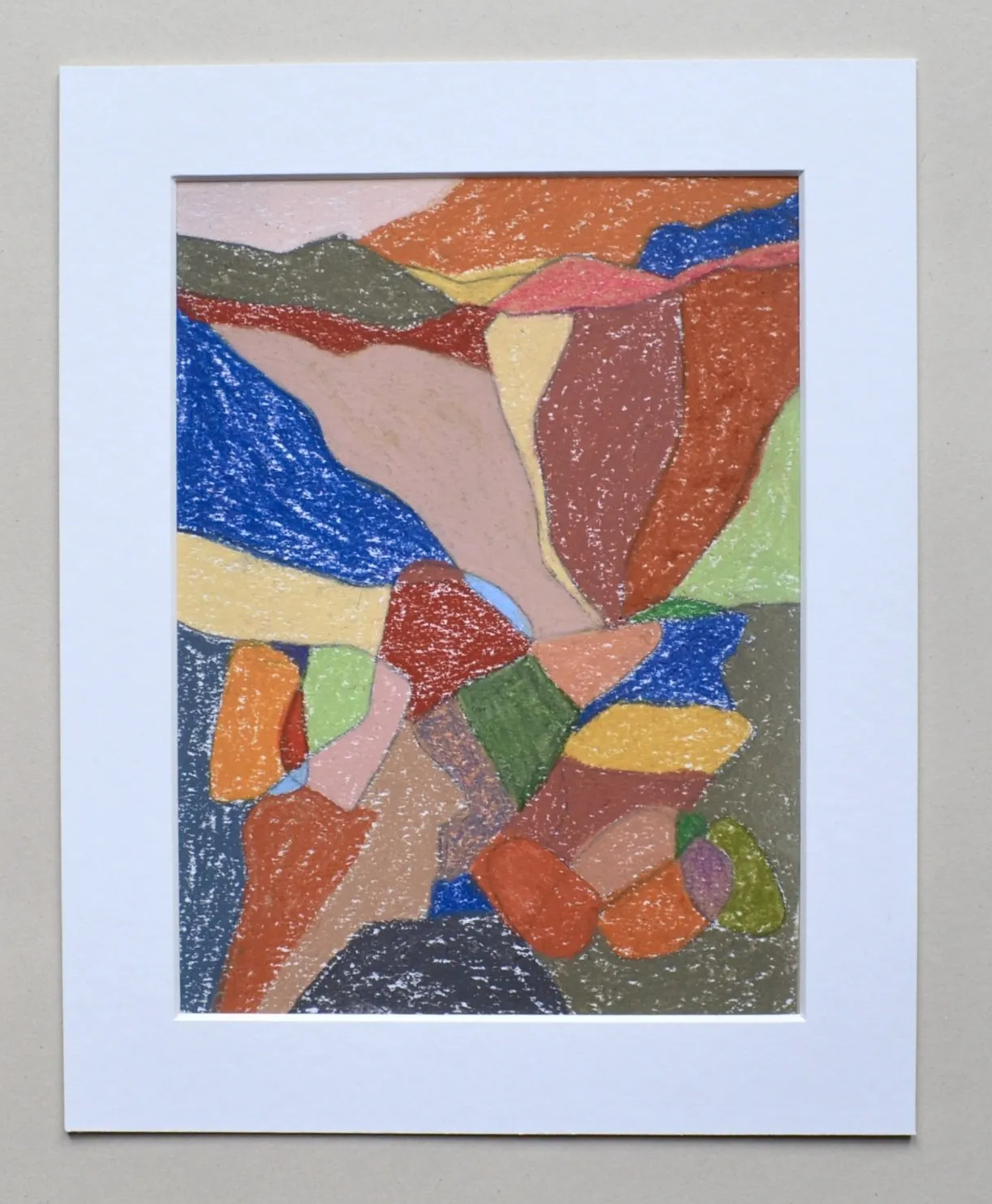 Colourful abstract drawing with white frame on a grey background