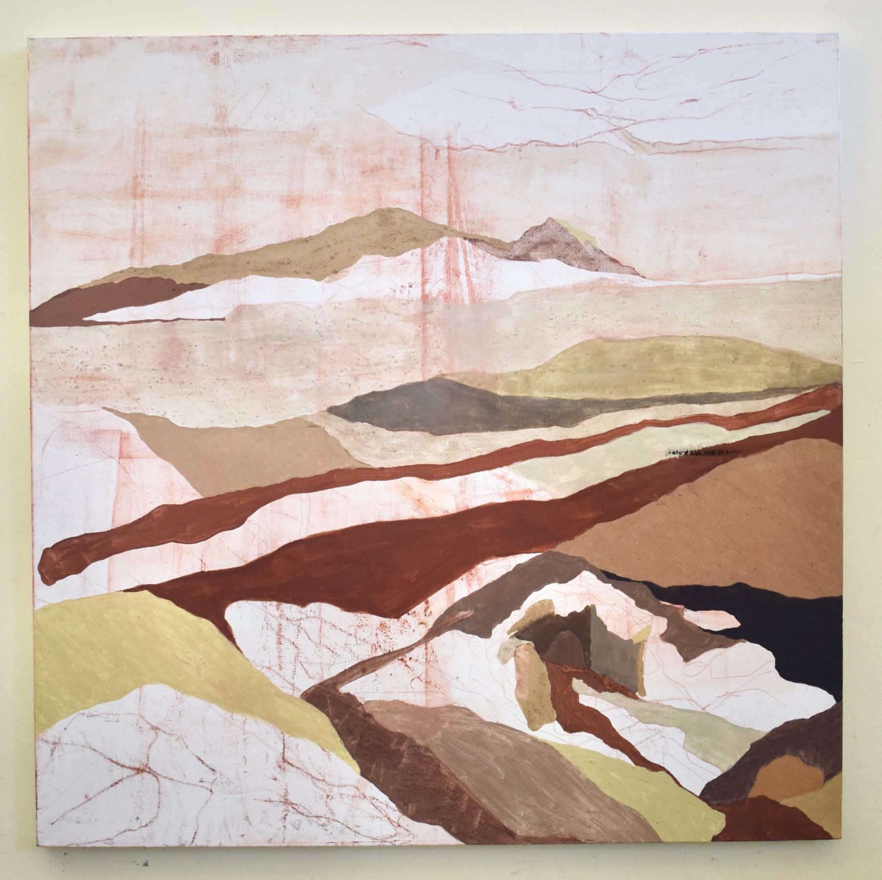square painting of abstract landscape in rich earth tones and cream background