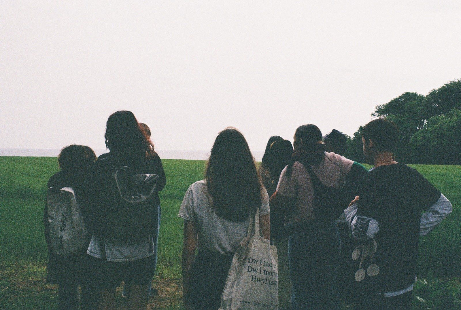 Group of young people standing in a field of green grass facing the sea