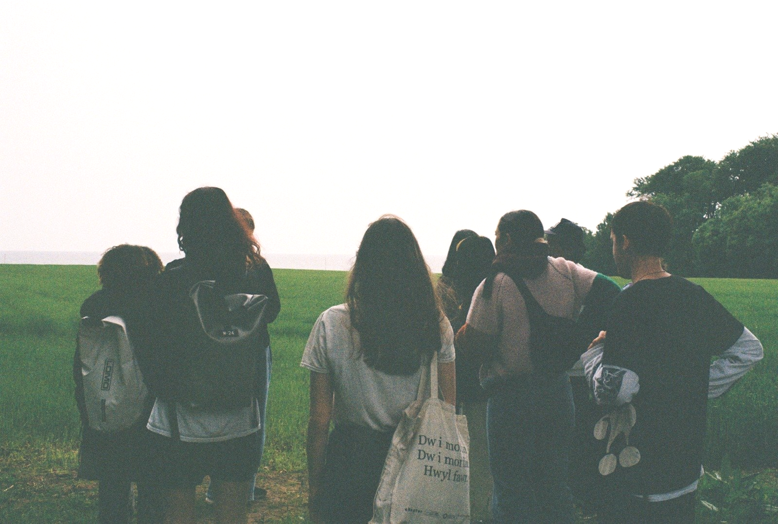 Group of people standing in green grass field facing the sea