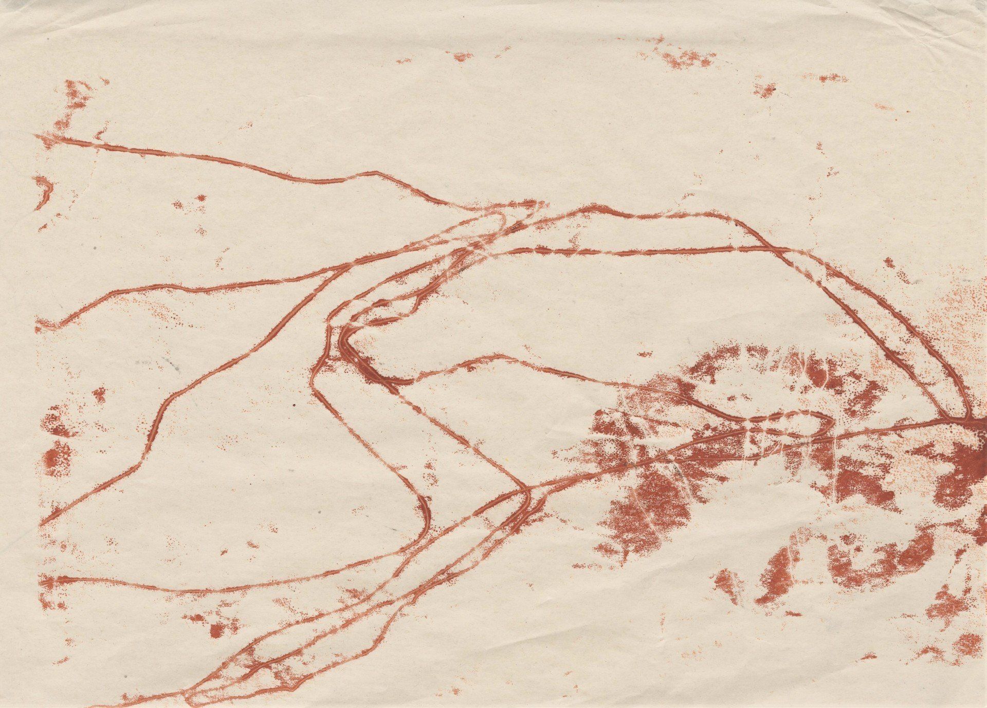 Abstract landscape line drawing in monoprint, red tones