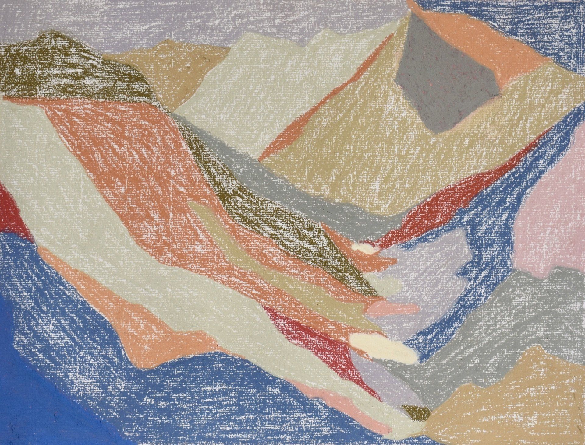 Colourful abstract drawing  of mountain glen, with blue, green, orange and yellow brown