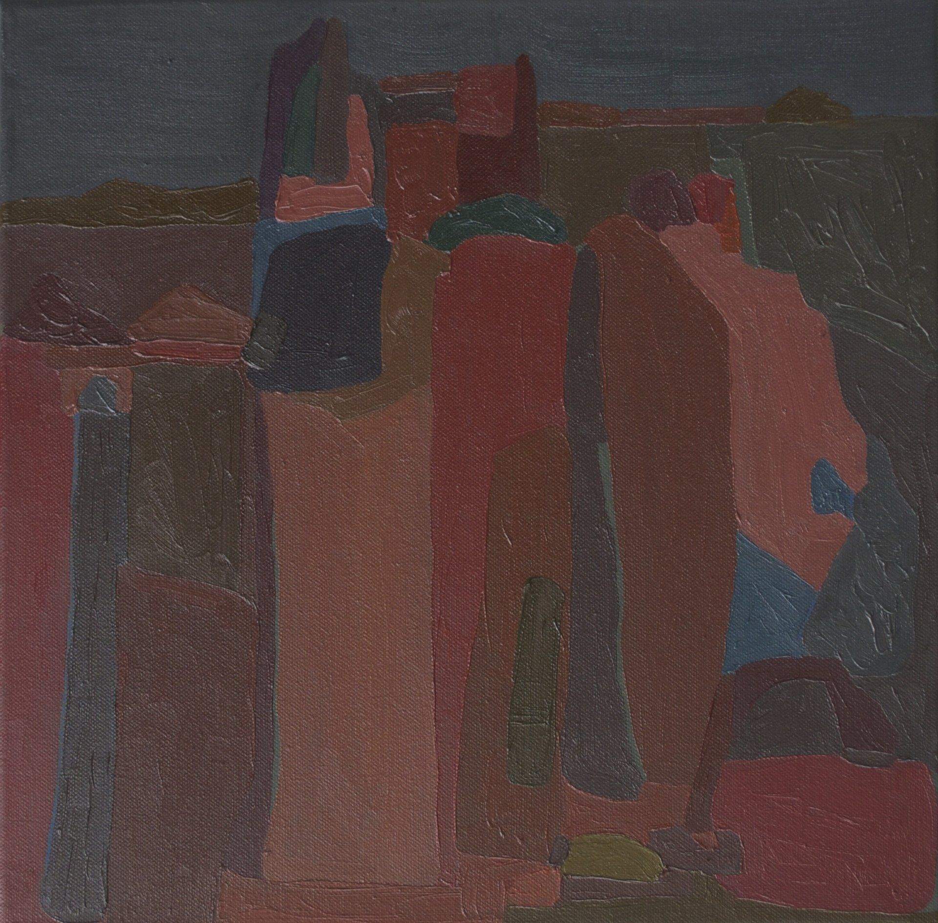 Paintings of abstracted landscapes of Edinburgh, Scotland, in rich colours of greens and reds