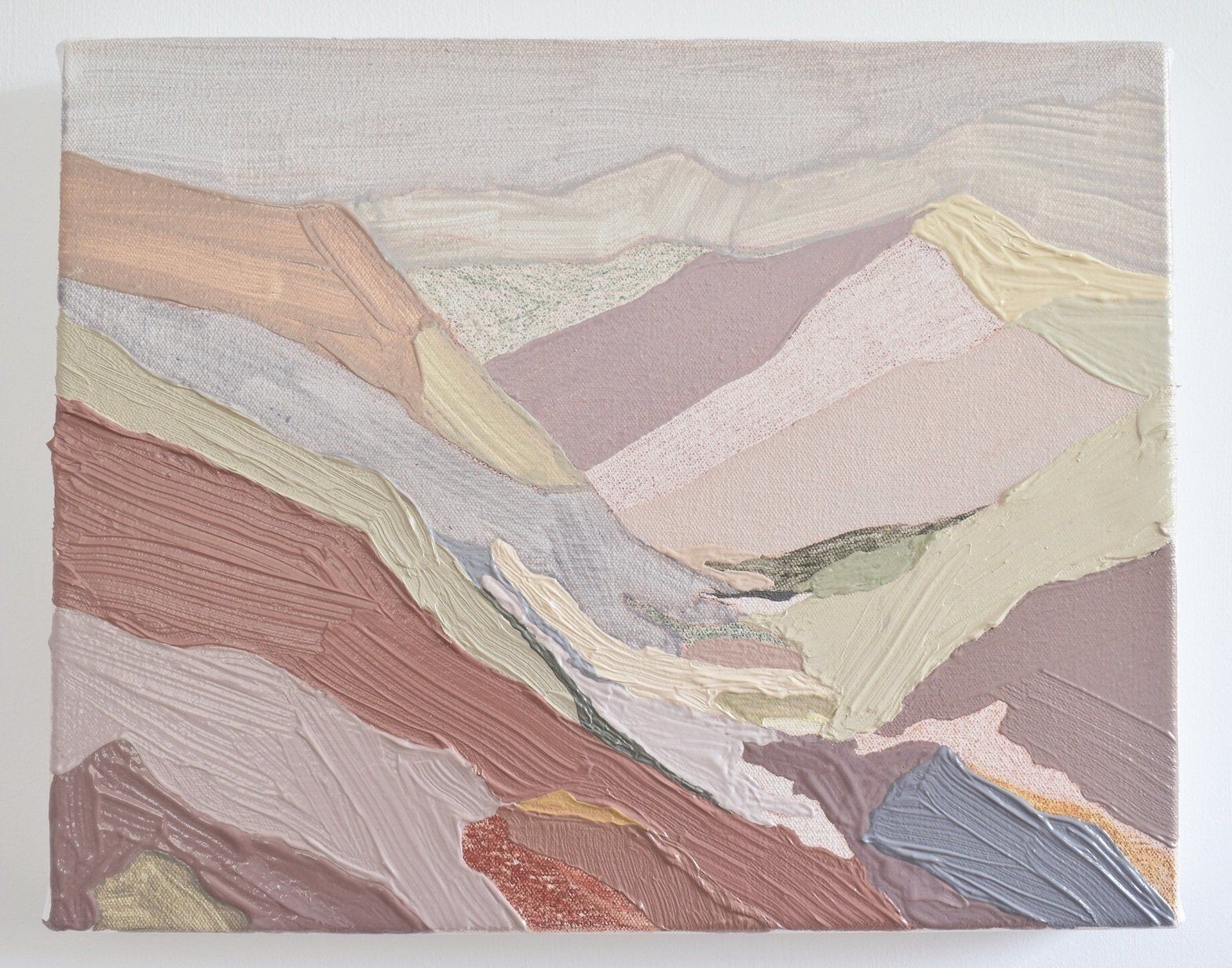 Detailed photographs of an abstract landscape painting showing colourful thick paint