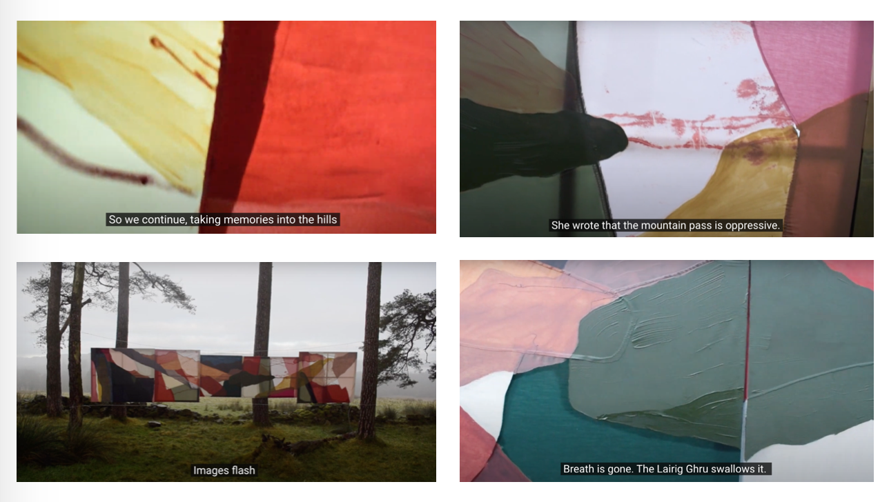 four rectangular images showing screenshots from a film with subtitles