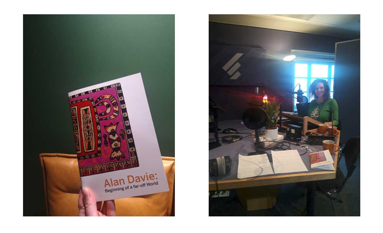 Left image shows hand holding 'Alan Davie' book in front of green wall. Right image shows a white woman sitting at a radio desk at BBS Radio Scotland office