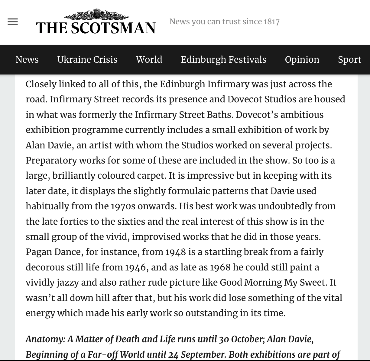 screenshot of The Scotsman article on Alan Davie exhibition, curated by Siobhan McLaughlin