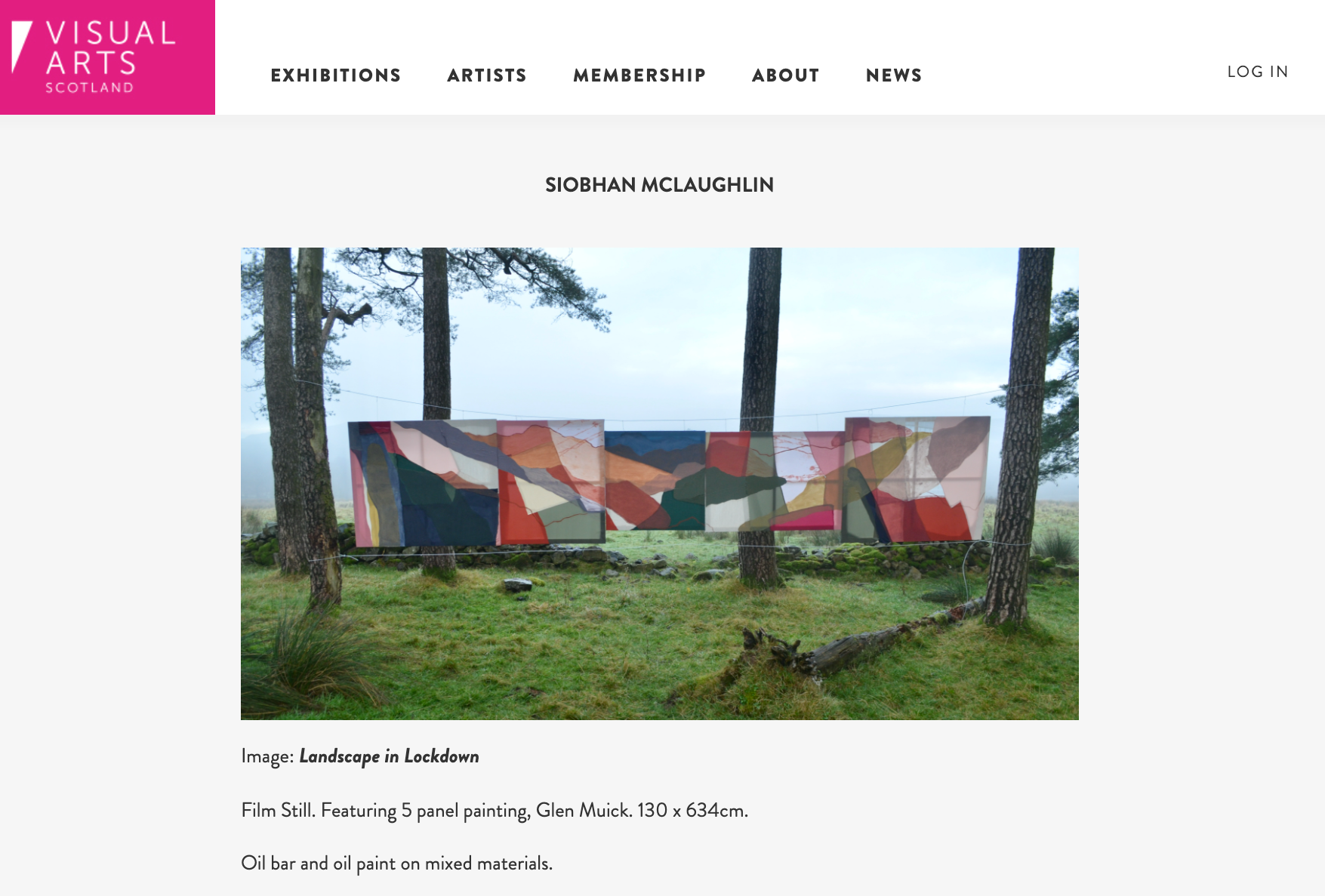 Website page with image of large painting artwork in the forest