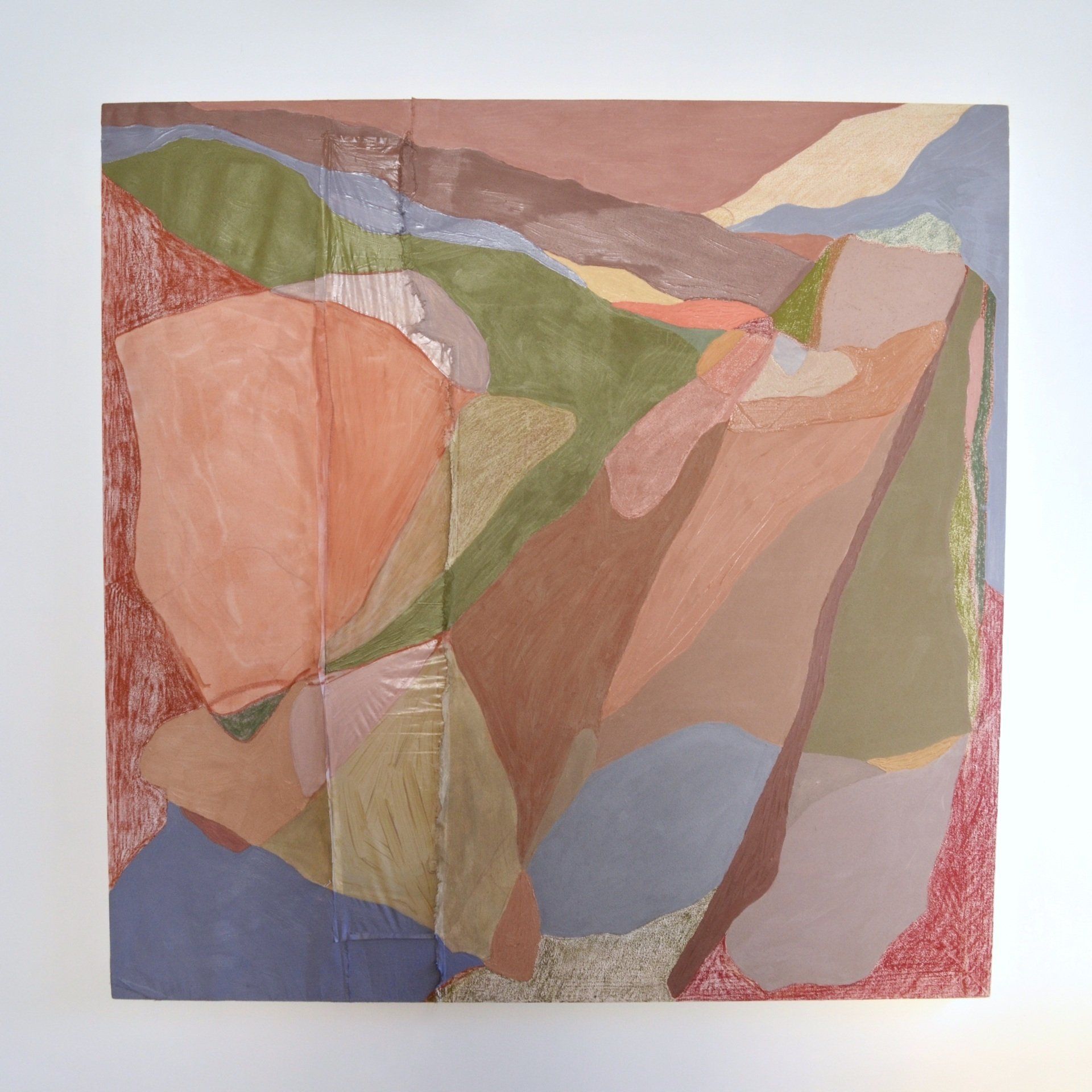 Square painting with abstract, colourful shapes in green, red and pink, hanging on white gallery wall