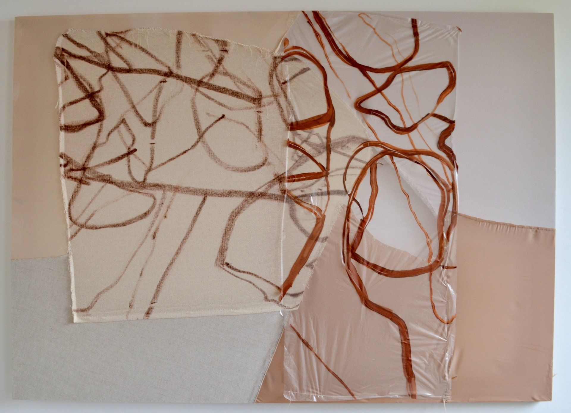 Abstract painting by Siobhan McLaughlin. Brown, pink, cream and red lines on fabric