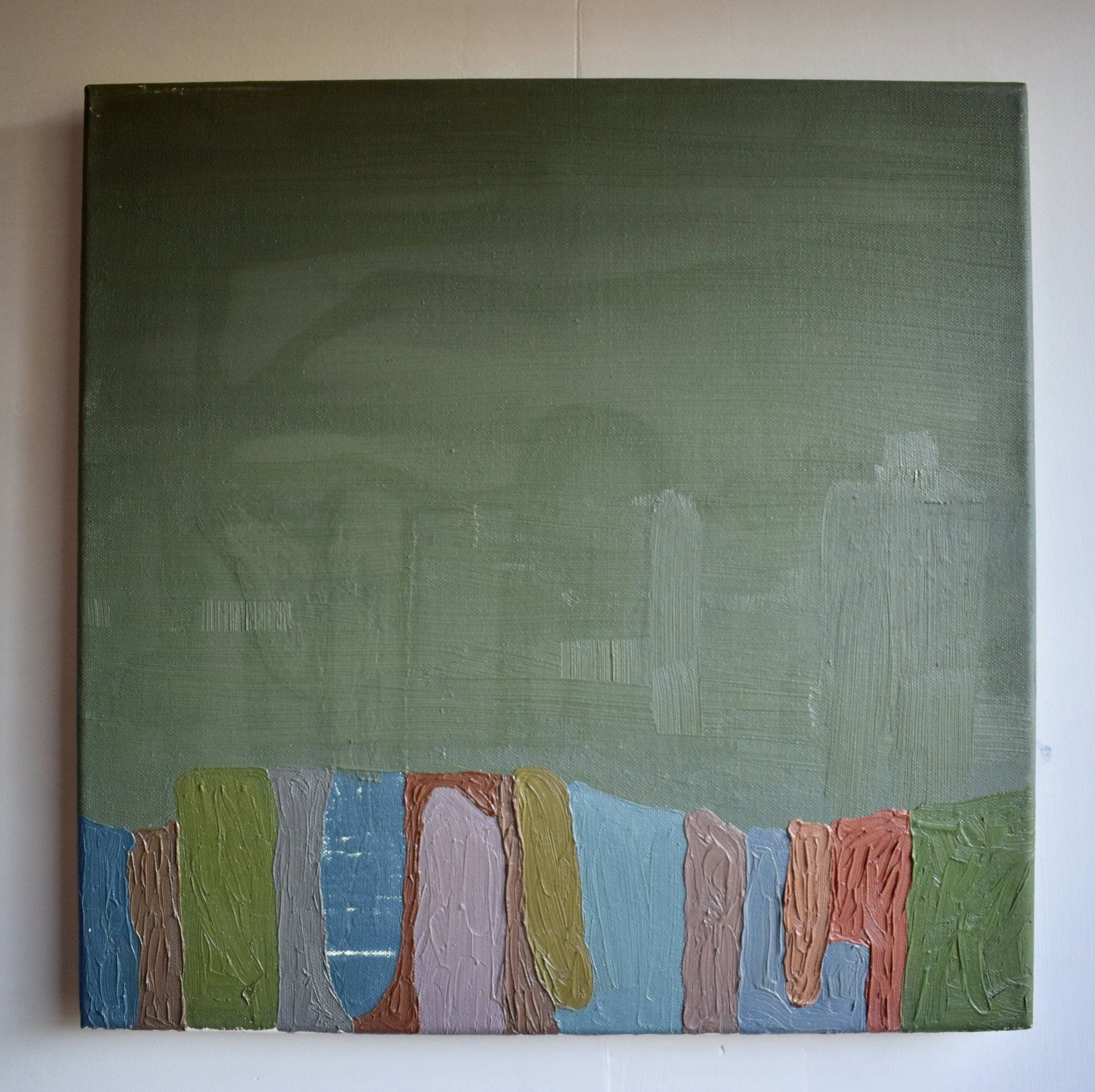 Painting by artist Siobhan McLaughlin, green with blue, purple and red blobs