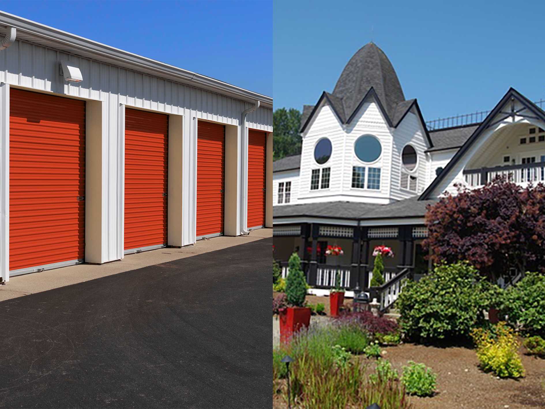 Storage units with orange doors next to a white house with a garden.