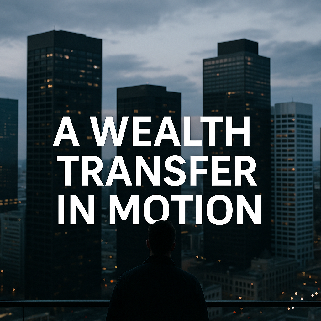 Person overlooking city skyline with text: 