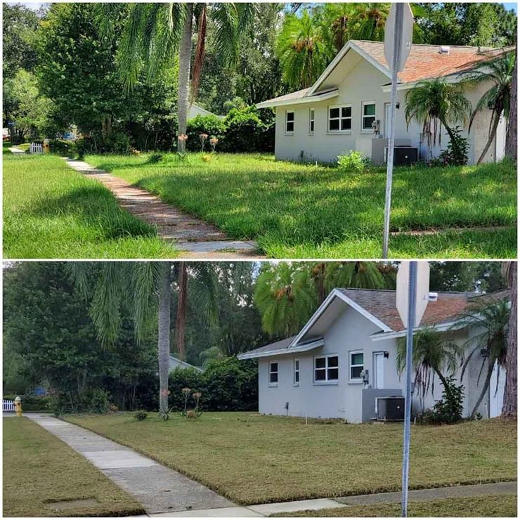 A before and after picture of a house with a lush green lawn.