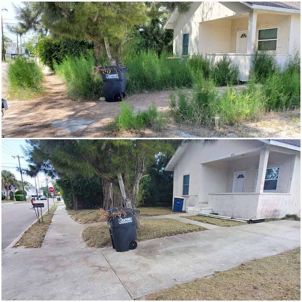 A before and after picture of a trash can in front of a house.