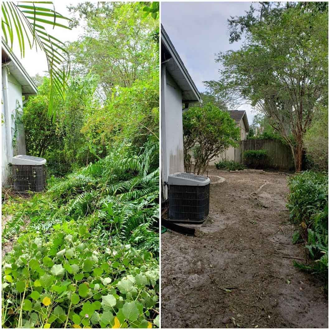 A before and after picture of a backyard with a house in the background.