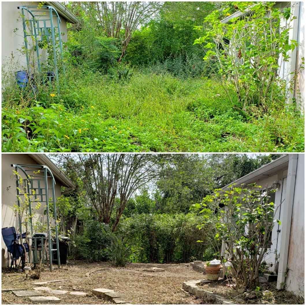 A before and after picture of a garden with a house in the background.