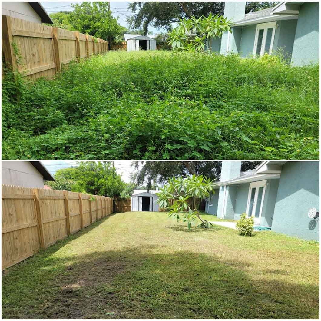 A before and after picture of a backyard with a wooden fence.