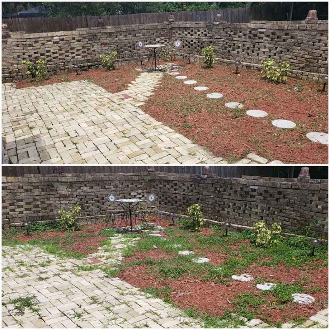 A before and after picture of a patio with a brick walkway.