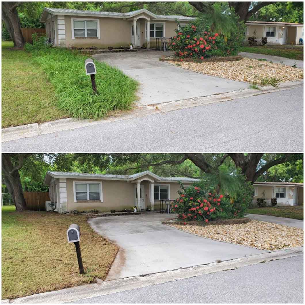 A before and after picture of a house and driveway.