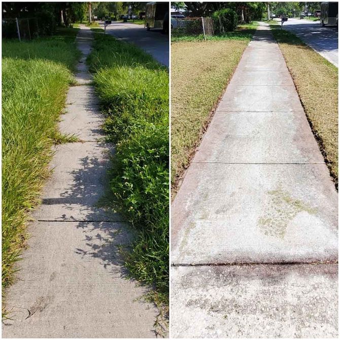 A before and after picture of a sidewalk with grass on it.