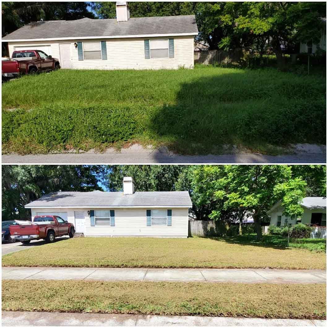 A before and after picture of a house with a truck parked in front of it.