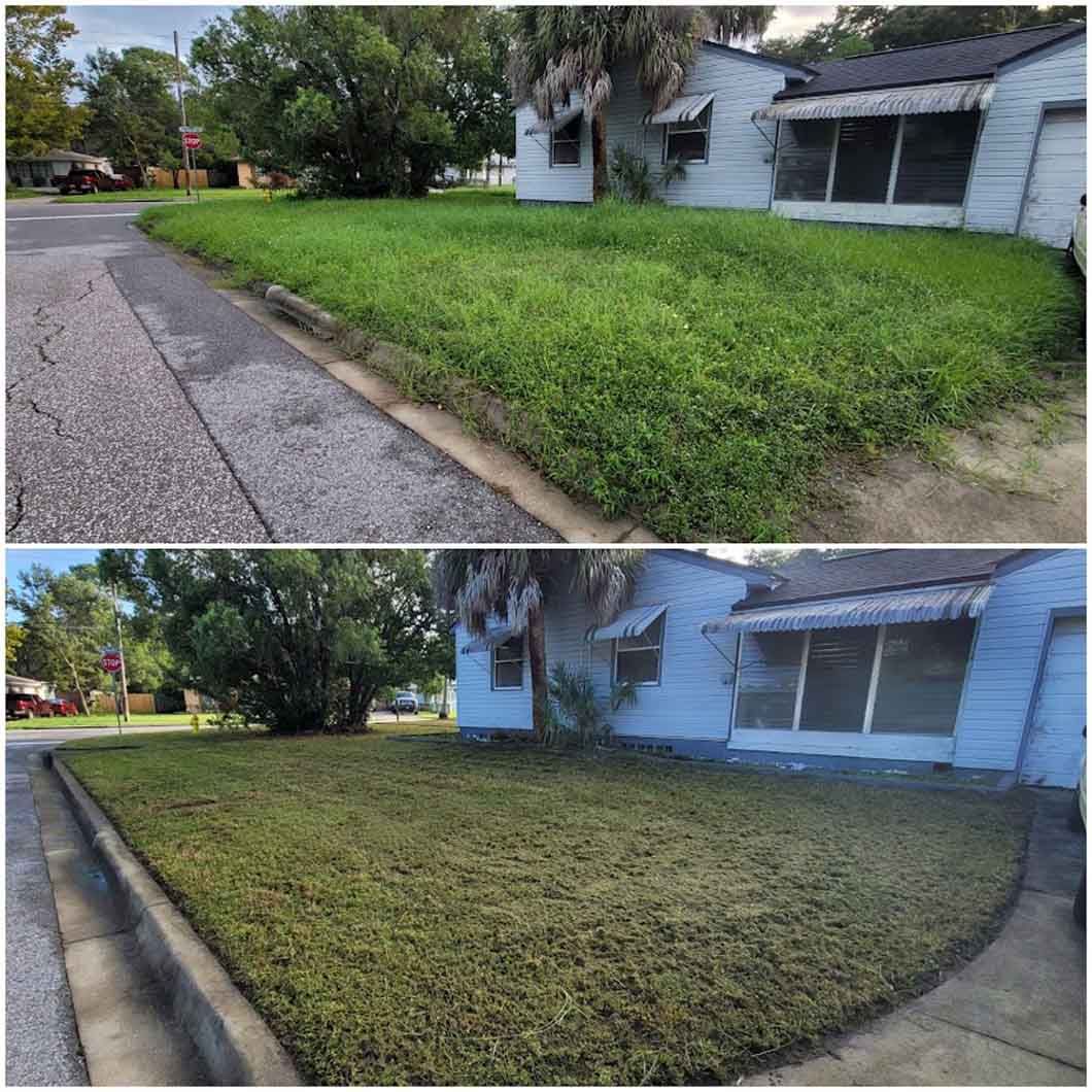 A before and after picture of a lawn in front of a house.