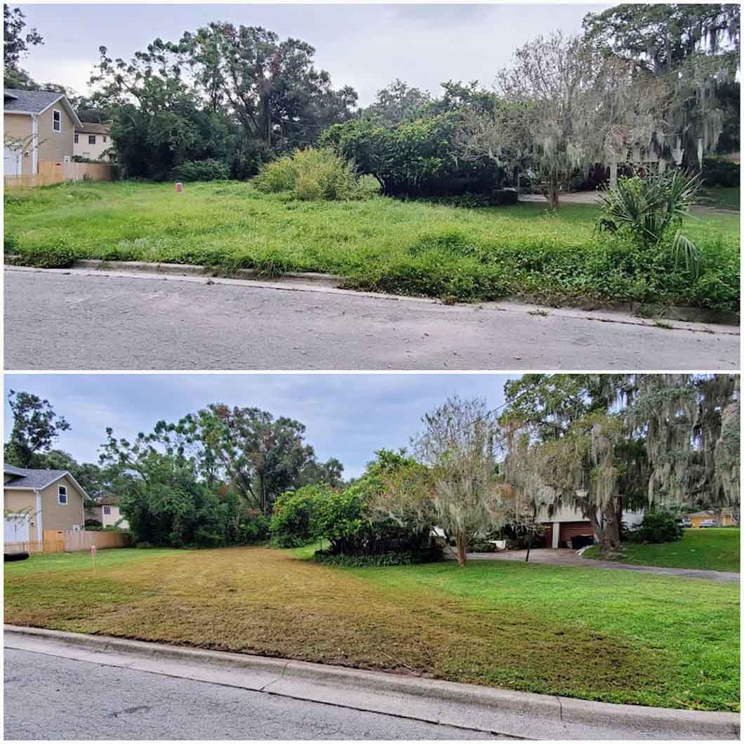 A before and after picture of a lawn that has been mowed.