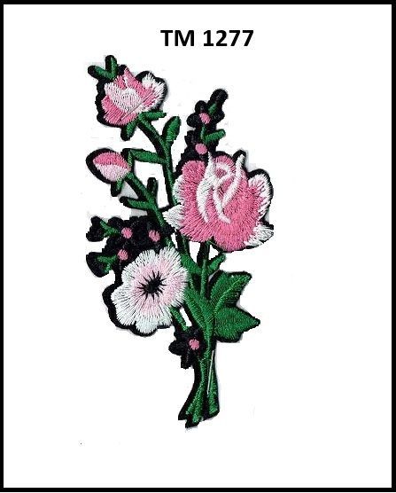 A picture of an embroidered bouquet of pink and white flowers on a white background.