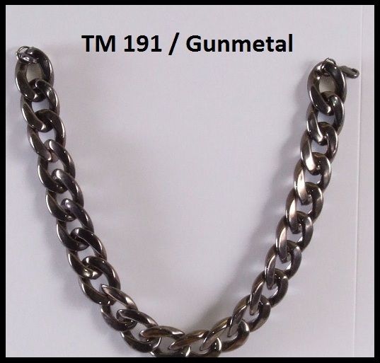 A tm 191 gunmetal chain is displayed on a white surface
