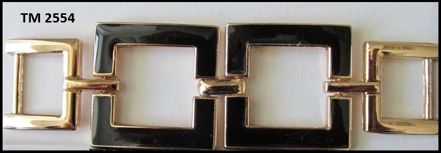 A black and gold buckle with tm 2554 on the bottom