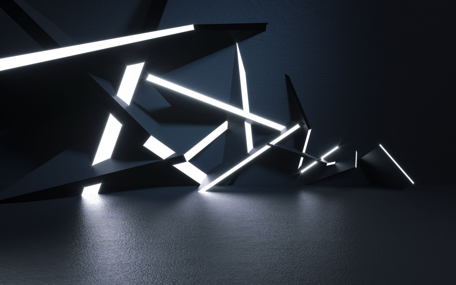 Forme geometriche astratte con linee bianche luminose in una stanza buia.