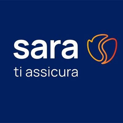 Logo per l'assicurazione Sara ti assicura, testo bianco su sfondo blu scuro, icona di un uccello stilizzato.