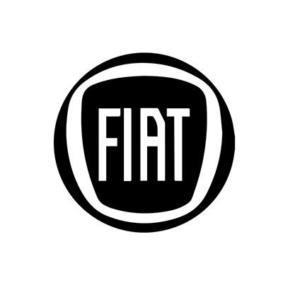 Logo Fiat in bianco e nero, lettere bianche in un quadrato nero all'interno di un cerchio nero.