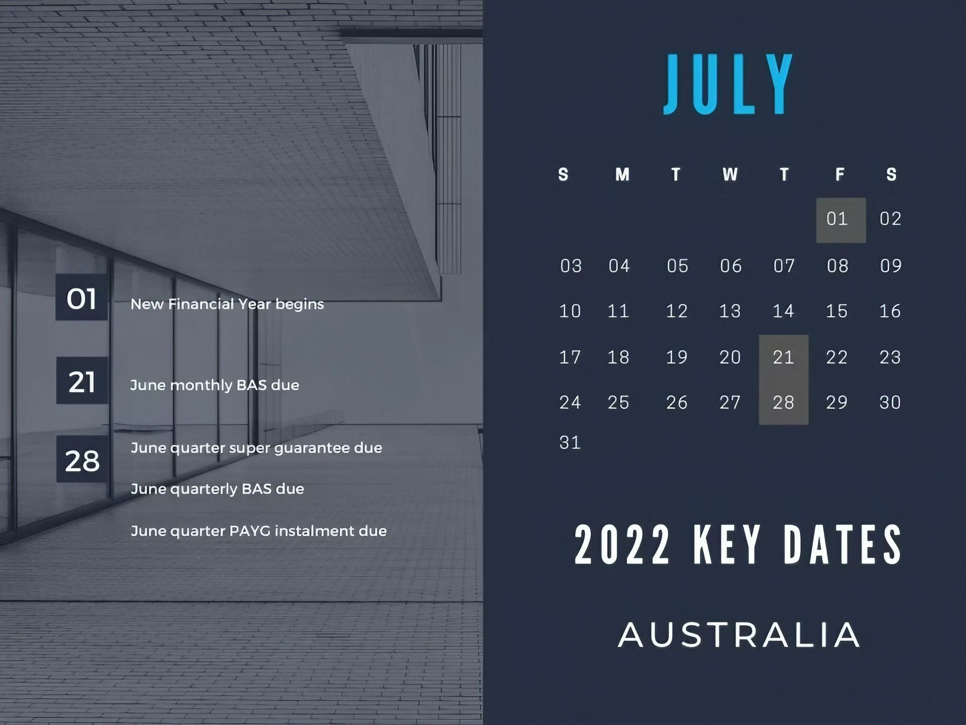 A Calendar for July 2022 Shows the Key Dates for Australia — Early Bird Accounts in Tamworth, NSW