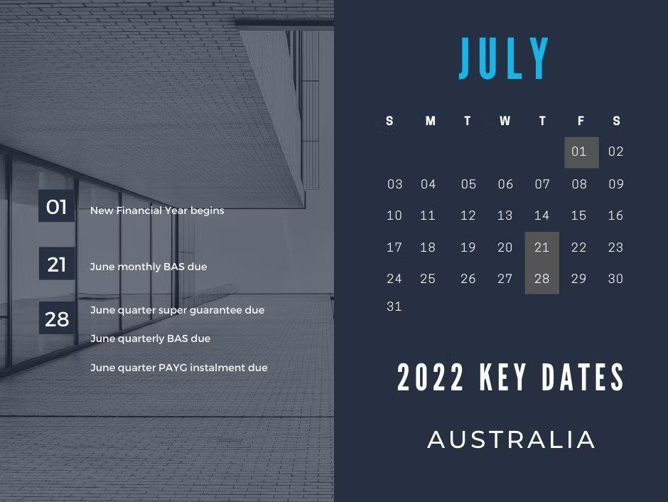 A Calendar for July 2022 with Key Dates for Australia — Early Bird Accounts in Tamworth, NSW